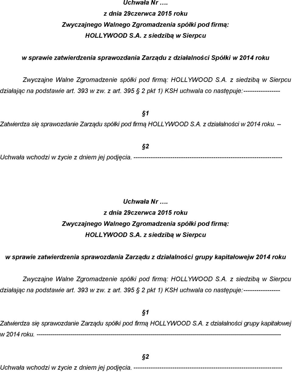 z dnia 29czerwca 2015 roku w sprawie zatwierdzenia sprawozdania Zarządu z działalności grupy kapitałowejw 2014 roku Zwyczajne Walne Zgromadzenie spółki pod firmą: działając na podstawie art. 393 w zw.