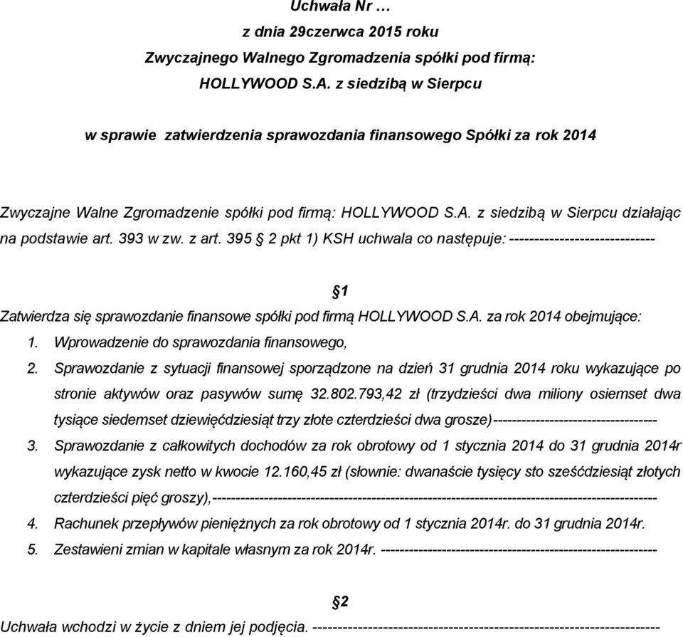 Wprowadzenie do sprawozdania finansowego, 2. Sprawozdanie z sytuacji finansowej sporządzone na dzień 31 grudnia 2014 roku wykazujące po stronie aktywów oraz pasywów sumę 32.802.