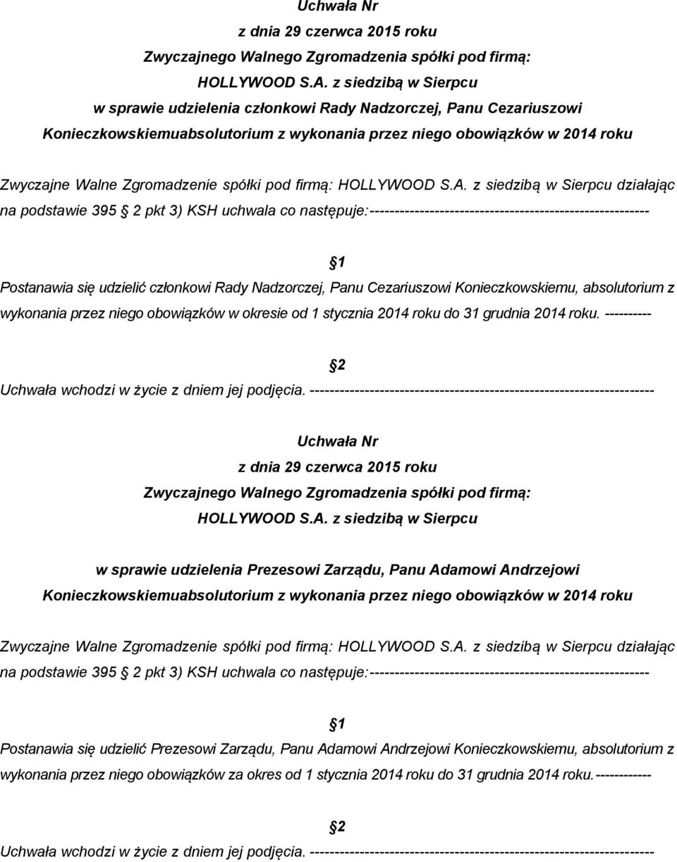 Nadzorczej, Panu Cezariuszowi Konieczkowskiemu, absolutorium z wykonania przez niego obowiązków w okresie od 1 stycznia 2014 roku do 31 grudnia 2014 roku.