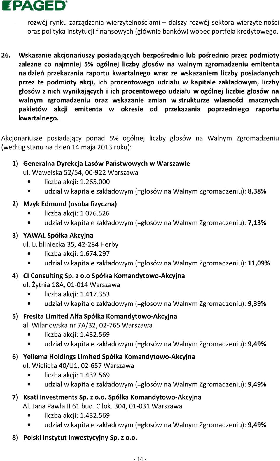 wraz ze wskazaniem liczby posiadanych przez te podmioty akcji, ich procentowego udziału w kapitale zakładowym, liczby głosów z nich wynikających i ich procentowego udziału w ogólnej liczbie głosów na