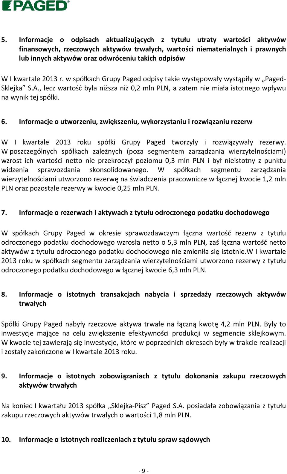 , lecz wartość była niższa niż 0,2 mln PLN, a zatem nie miała istotnego wpływu na wynik tej spółki. 6.