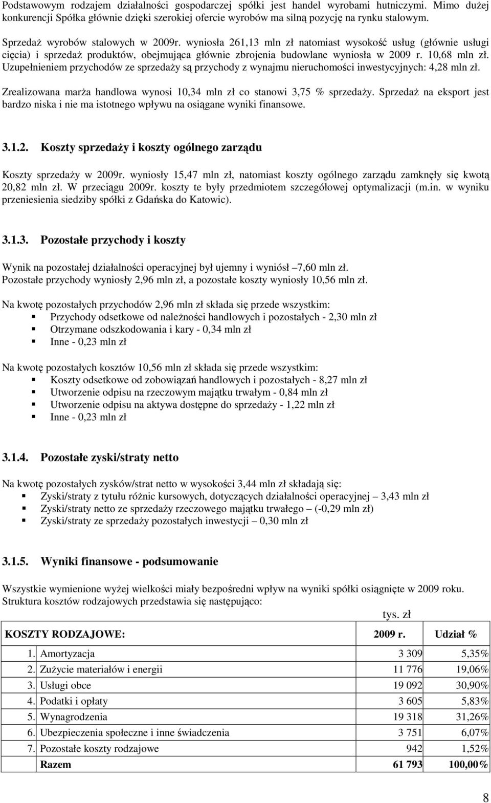 10,68 mln zł. Uzupełnieniem przychodów ze sprzedaŝy są przychody z wynajmu nieruchomości inwestycyjnych: 4,28 mln zł. Zrealizowana marŝa handlowa wynosi 10,34 mln zł co stanowi 3,75 % sprzedaŝy.