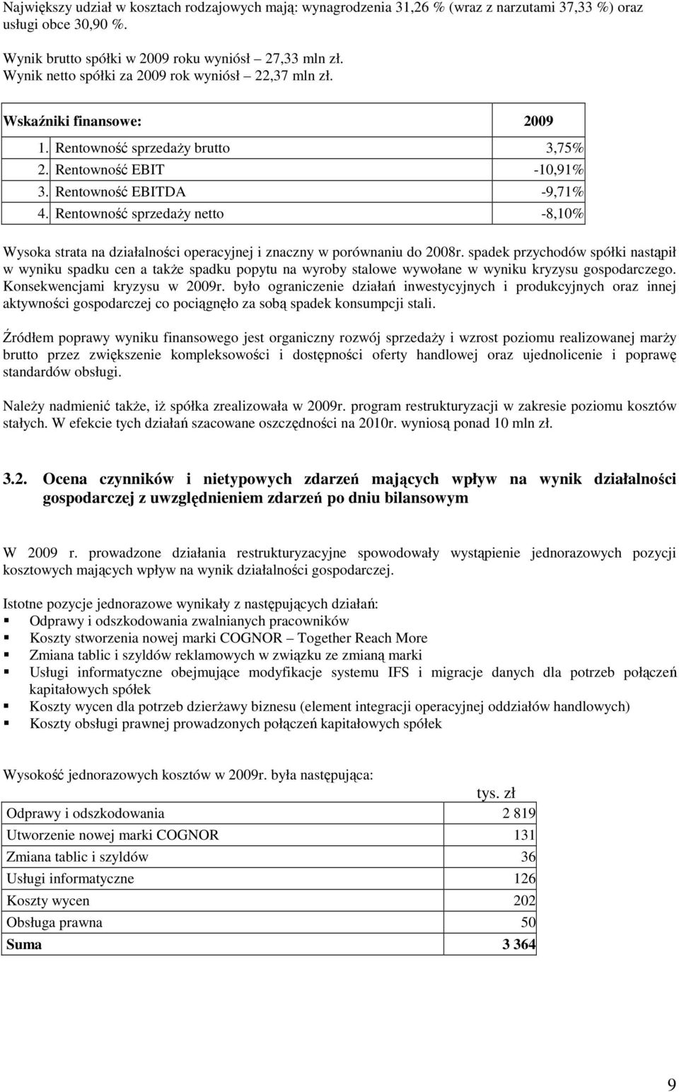 Rentowność sprzedaŝy netto -8,10% Wysoka strata na działalności operacyjnej i znaczny w porównaniu do 2008r.