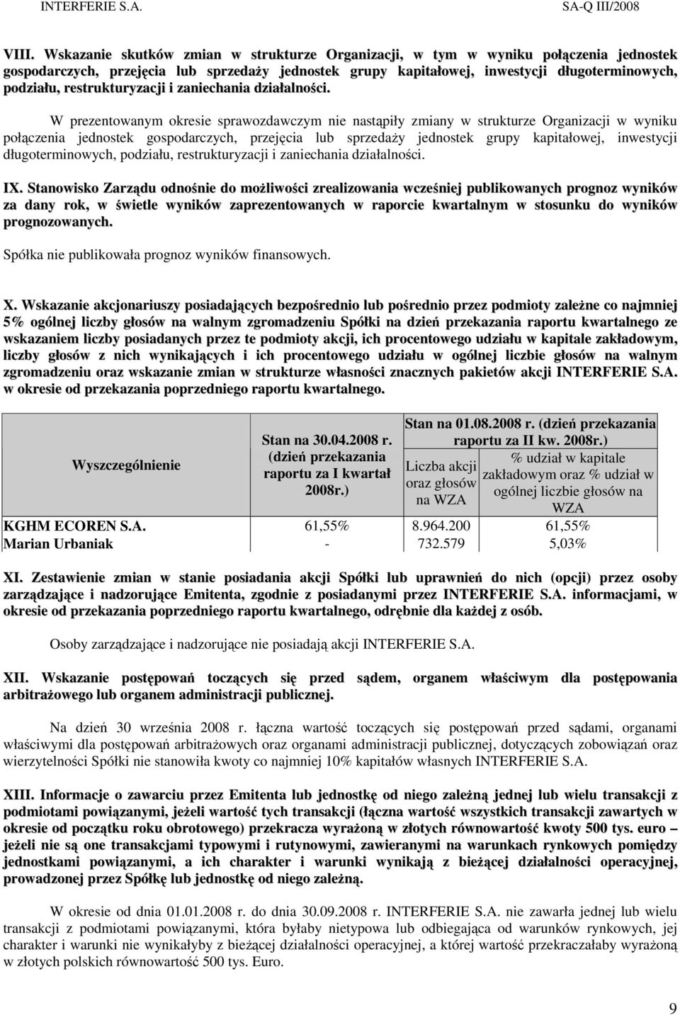 W prezentowanym okresie sprawozdawczym nie nastąpiły zmiany w strukturze Organizacji w wyniku połączenia jednostek gospodarczych, przejęcia lub sprzedaŝy jednostek grupy kapitałowej, inwestycji