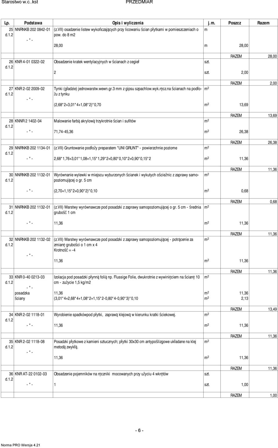 wyk.ręcz.na ścianach na podłożu z tynku (2,68*2+3,01*4+1,08*2)*0,70 13,69 RAZEM 13,69 28 KNNR 2 1402-04 Malowanie farbą akrylową trzykrotnie ścian i sufitów d.1.2 71,74-45,36 26,38 RAZEM 26,38 29 NNRNKB 202 1134-01 (z.