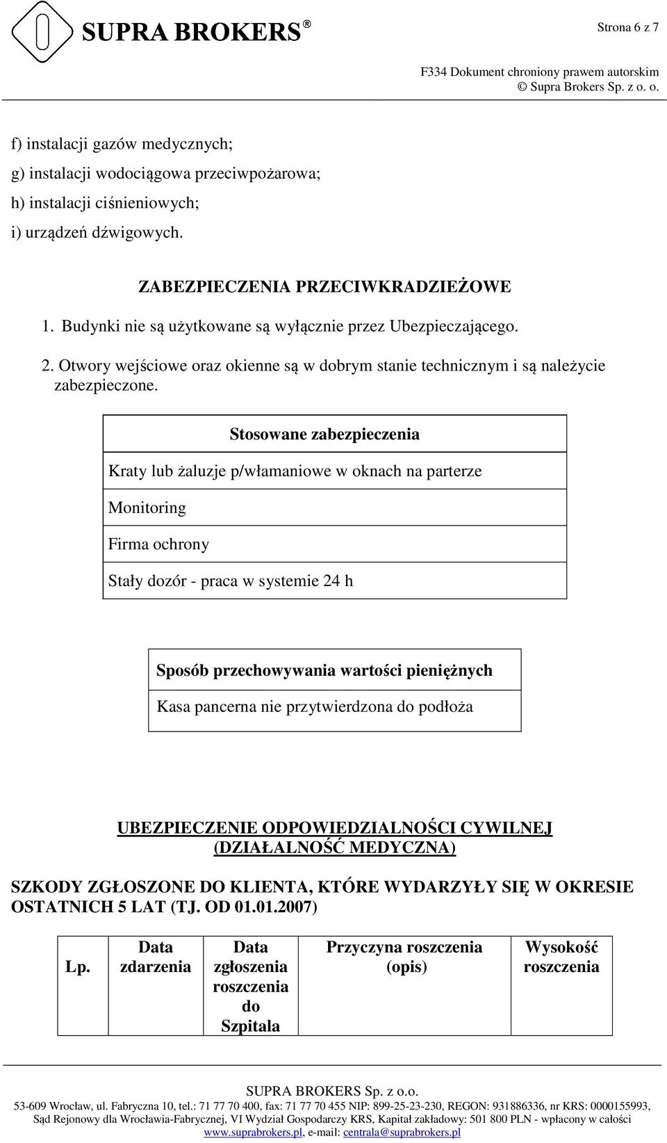 Stosowane zabezpieczenia Kraty lub żaluzje p/włamaniowe w oknach na parterze Monitoring Firma ochrony Stały dozór - praca w systemie 24 h Sposób przechowywania wartości pieniężnych Kasa pancerna nie