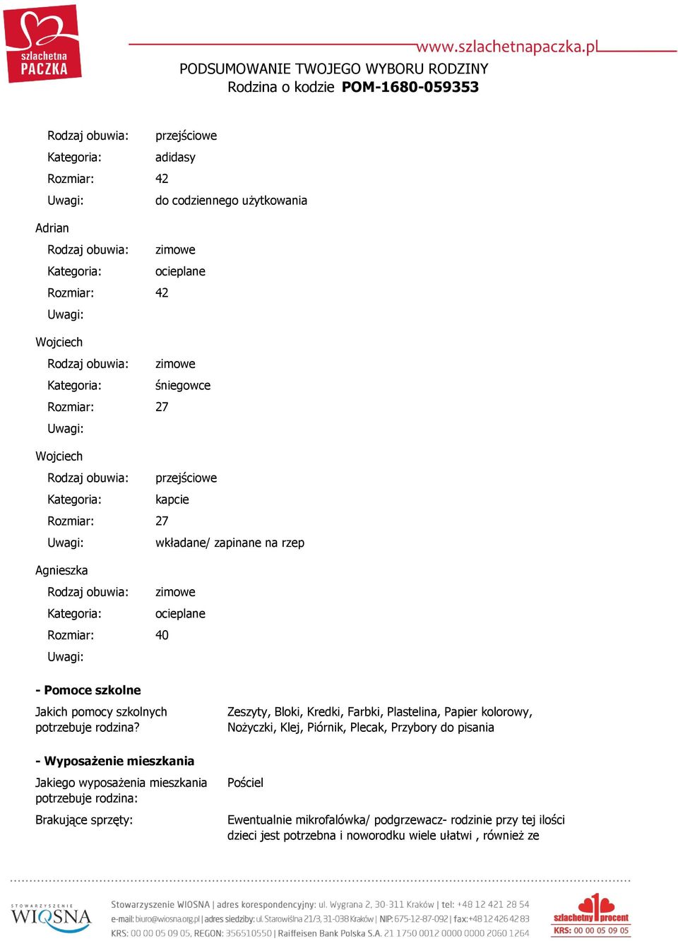 - Wyposażenie mieszkania Jakiego wyposażenia mieszkania potrzebuje rodzina: Brakujące sprzęty: Zeszyty, Bloki, Kredki, Farbki, Plastelina, Papier kolorowy,