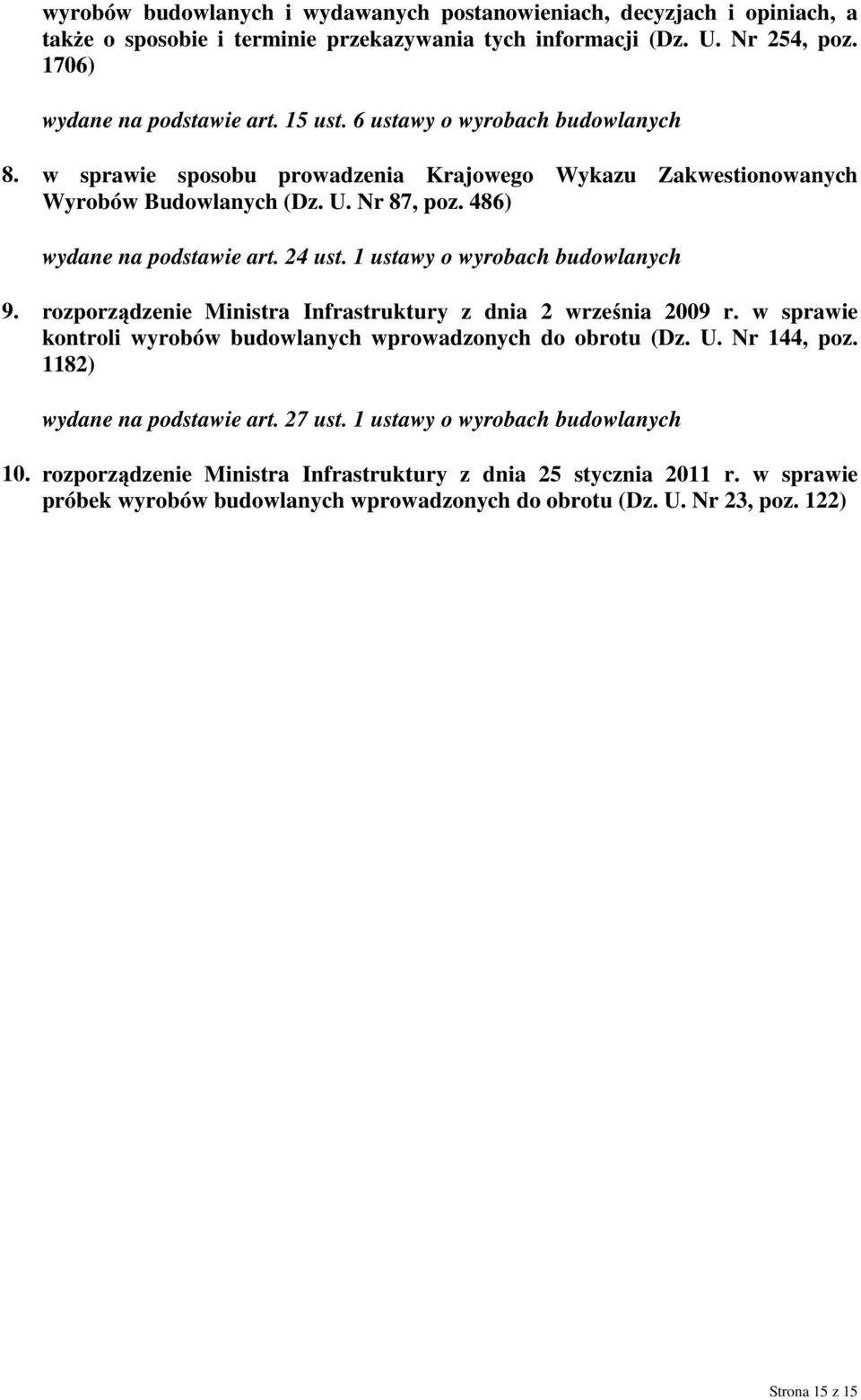 1 ustawy o wyrobach budowlanych 9. rozporządzenie Ministra Infrastruktury z dnia 2 września 2009 r. w sprawie kontroli wyrobów budowlanych wprowadzonych do obrotu (Dz. U. Nr 144, poz.