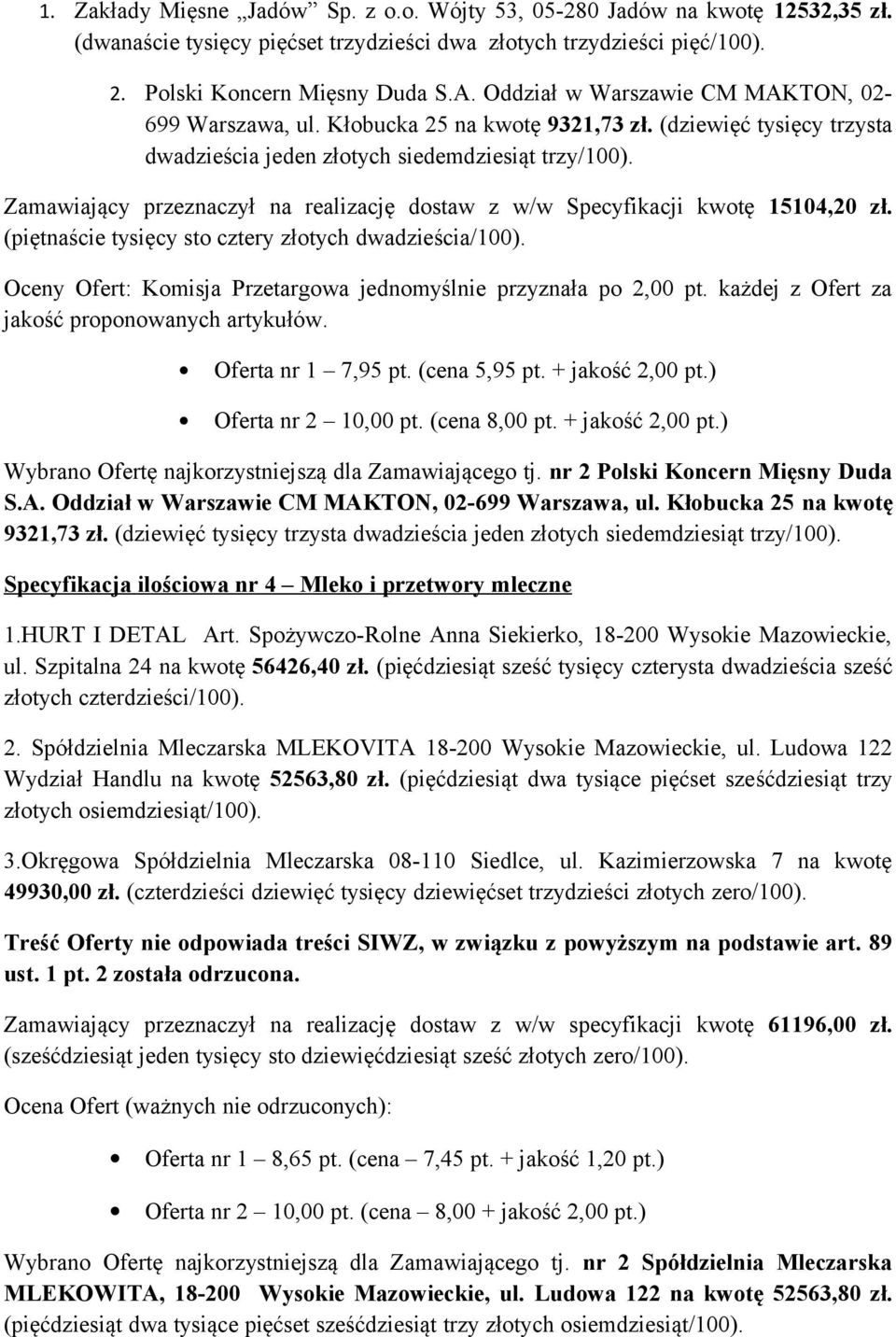 Zamawiający przeznaczył na realizację dostaw z w/w Specyfikacji kwotę 15104,20 zł. (piętnaście tysięcy sto cztery złotych dwadzieścia/100).