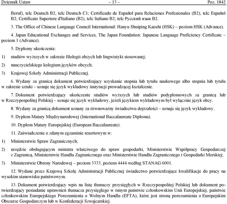 B2. 3. The Office of Chinese Language Council International: Hanyu Shuiping Kaoshi (HSK) poziom HSK (Advance). 4.