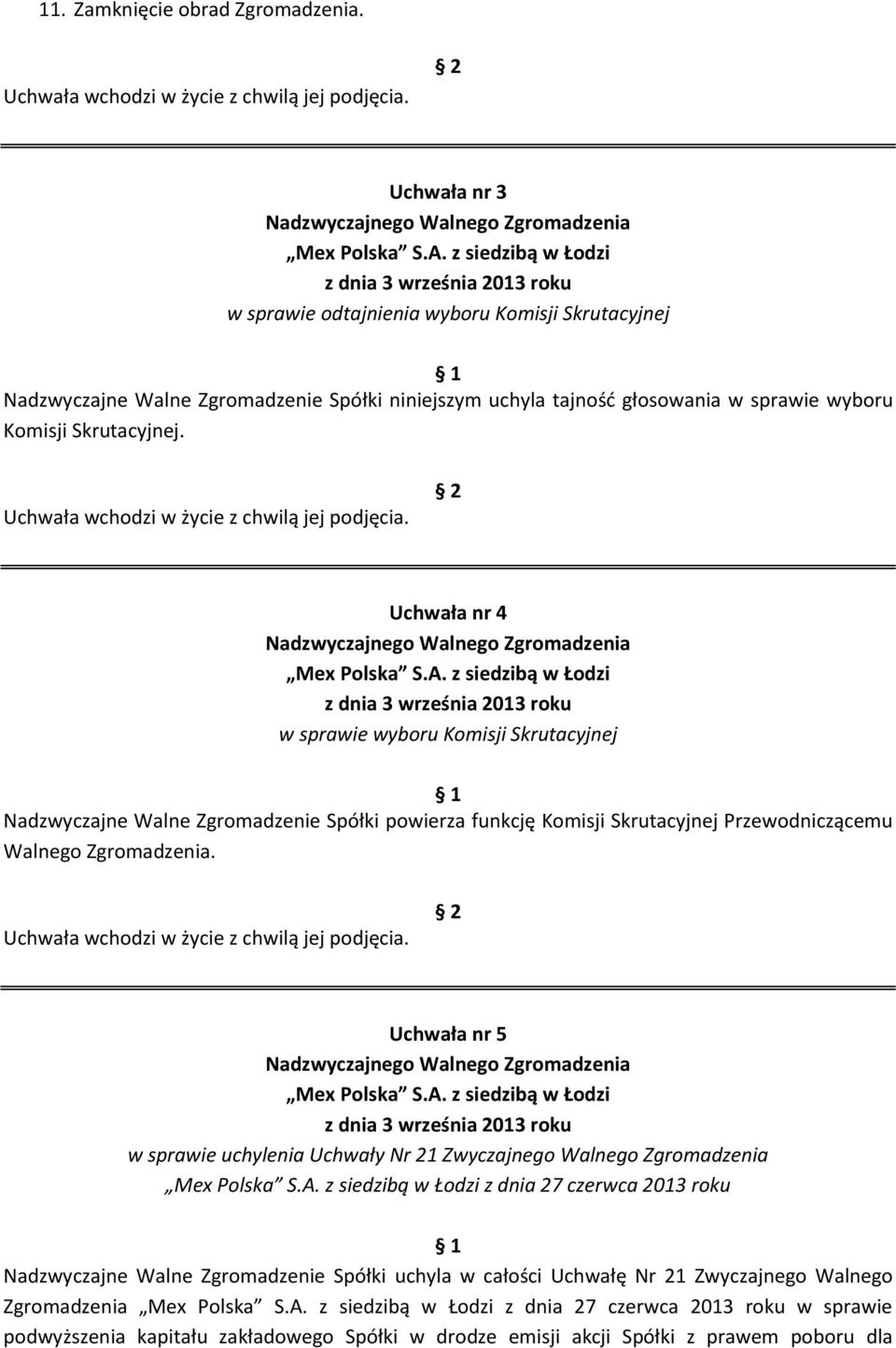 Uchwała nr 4 w sprawie wyboru Komisji Skrutacyjnej Nadzwyczajne Walne Zgromadzenie Spółki powierza funkcję Komisji Skrutacyjnej Przewodniczącemu Walnego Zgromadzenia.