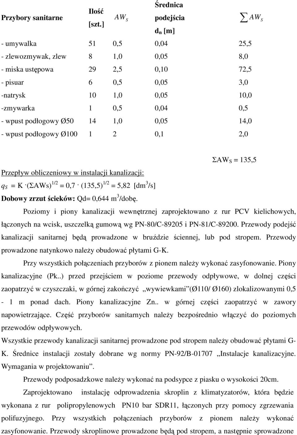 S 3,0 10,0 - wpust podłogowy Ø50 14 1,0 0,05 14,0 - wpust podłogowy Ø100 1 2 0,1 2,0 ΣAW S = 135,5 Przepływ obliczeniowy w instalacji kanalizacji: q S = K (ΣAWs) 1/2 = 0,7 (135,5) 1/2 = 5,82 [dm 3