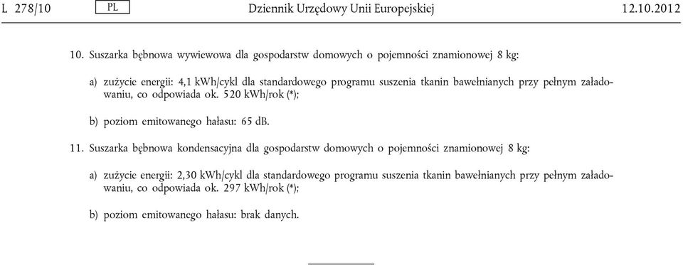 programu suszenia tkanin bawełnianych przy pełnym załadowaniu, co odpowiada ok. 520 kwh/rok (*); b) poziom emitowanego hałasu: 65 db. 11.