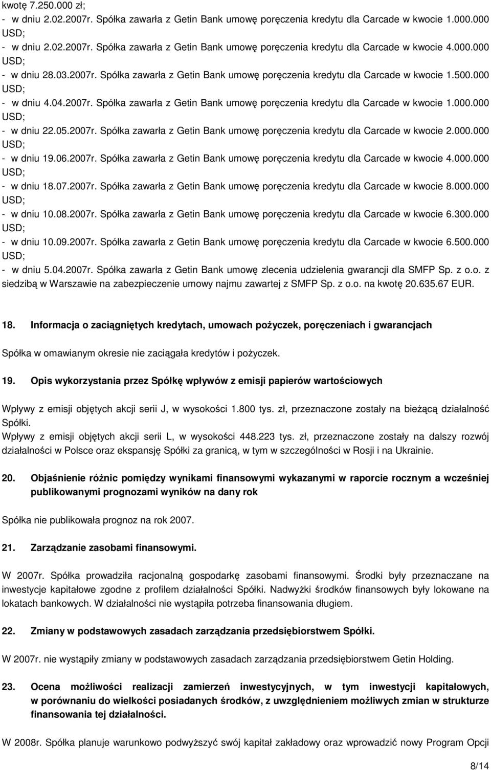 05.2007r. Spółka zawarła z Getin Bank umowę poręczenia kredytu dla Carcade w kwocie 2.000.000 - w dniu 19.06.2007r. Spółka zawarła z Getin Bank umowę poręczenia kredytu dla Carcade w kwocie 4.000.000 - w dniu 18.