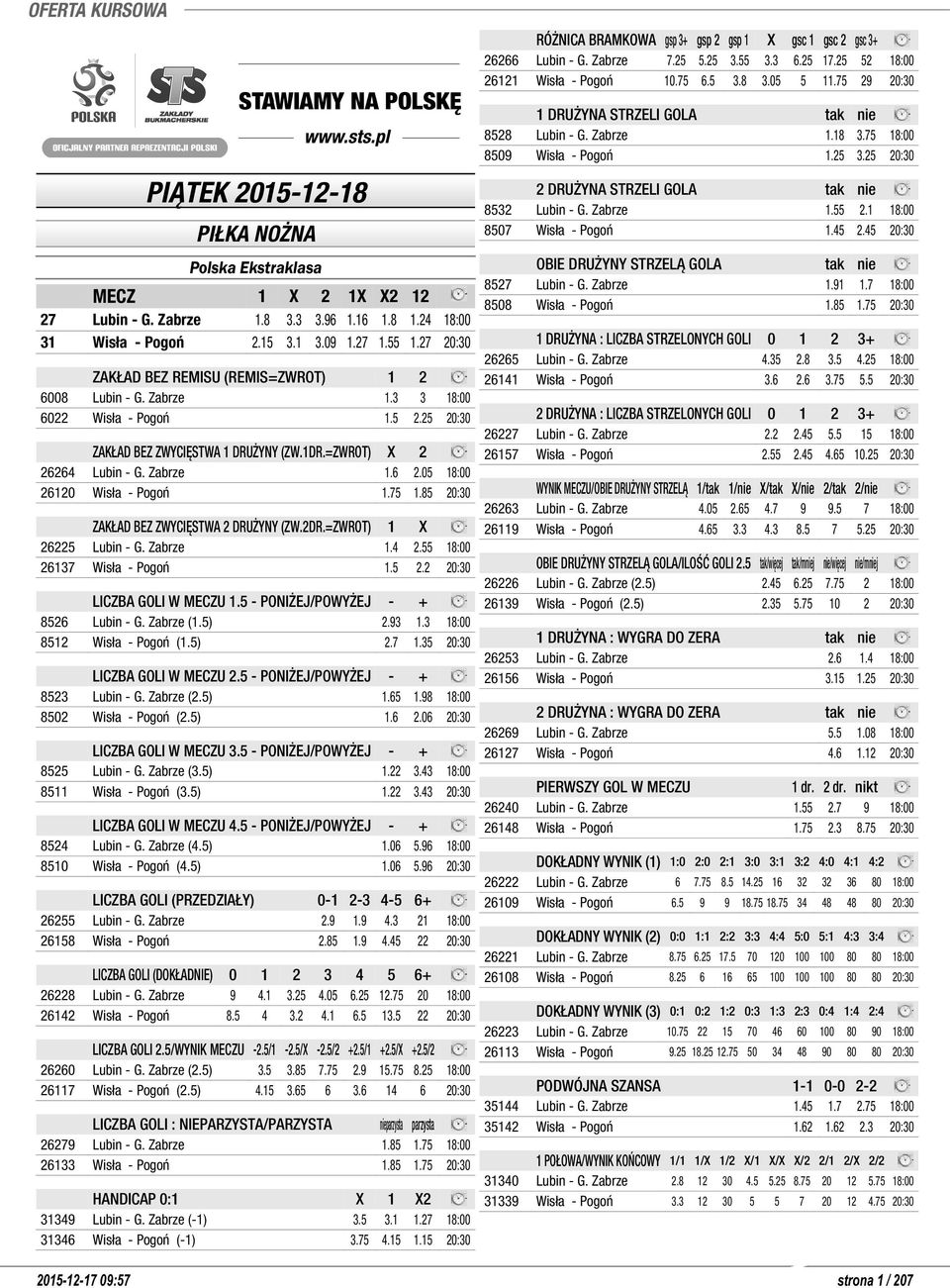 27 20:30 ZAKŁAD BEZ REMISU (REMIS=ZWROT) 1 2 6008 Lubin - G. Zabrze 1.3 3 18:00 6022 Wisła - Pogoń 1.5 2.25 20:30 ZAKŁAD BEZ ZWYCIĘSTWA 1 DRUŻYNY (ZW.1DR.=ZWROT) X 2 26264 Lubin - G. Zabrze 1.6 2.