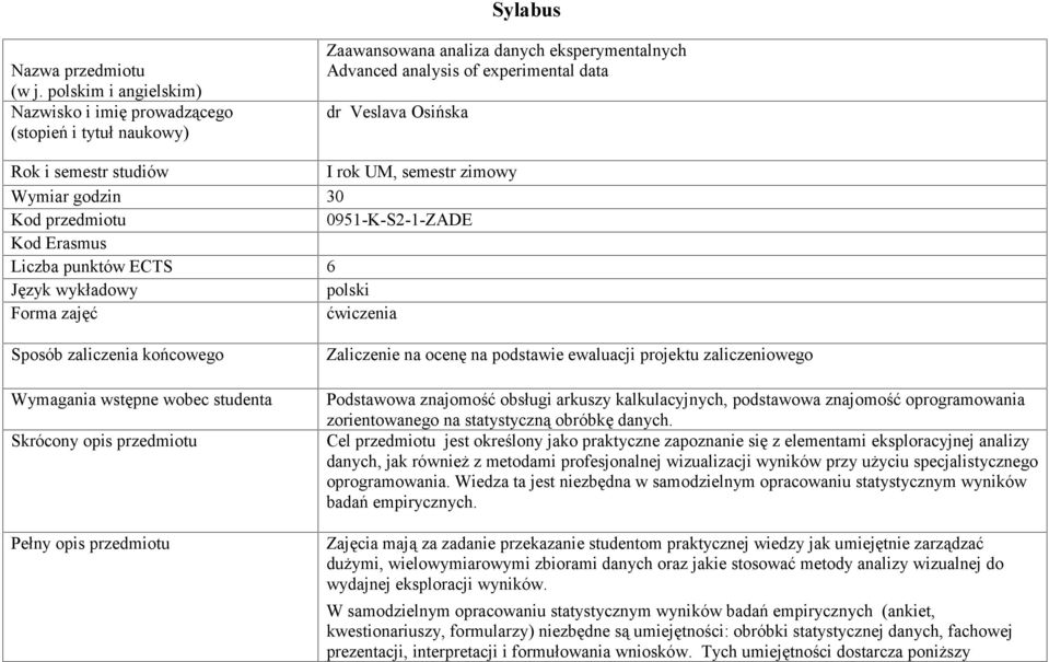 studiów I rok UM, semestr zimowy Wymiar godzin 30 Kod przedmiotu 0951-K-S2-1-ZADE Kod Erasmus Liczba punktów ECTS 6 Język wykładowy polski Forma zajęć ćwiczenia Sposób zaliczenia końcowego Wymagania