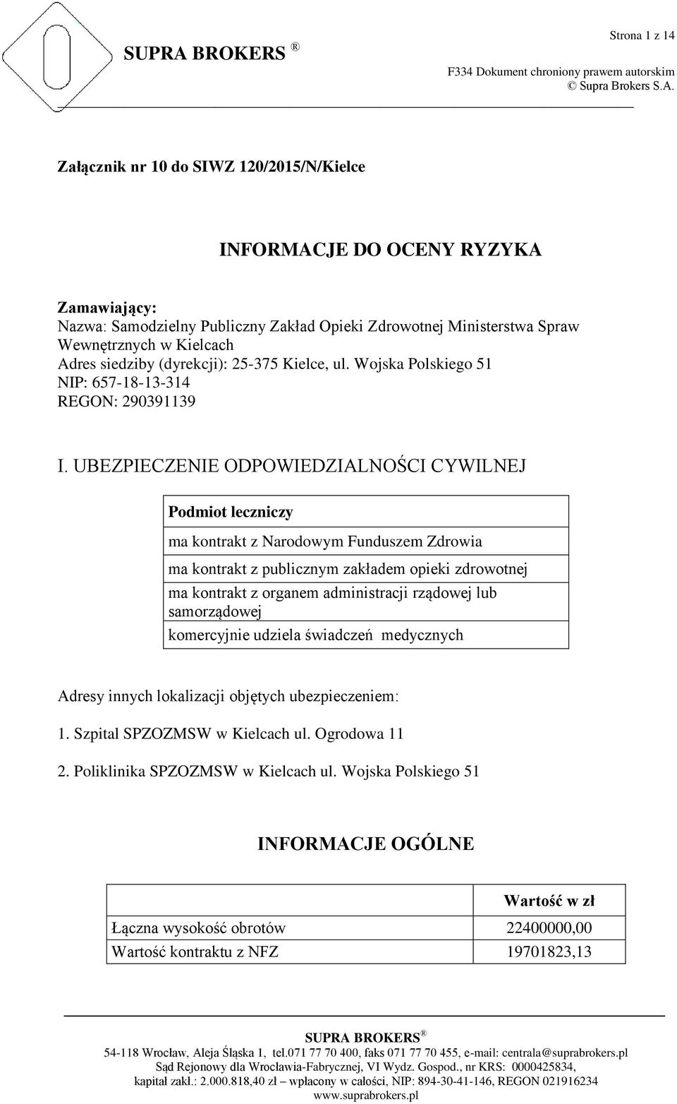 UBEZPIECZENIE ODPOWIEDZIALNOŚCI CYWILNEJ Podmiot leczniczy ma kontrakt z Narodowym Funduszem Zdrowia ma kontrakt z publicznym zakładem opieki zdrowotnej ma kontrakt z organem administracji rządowej