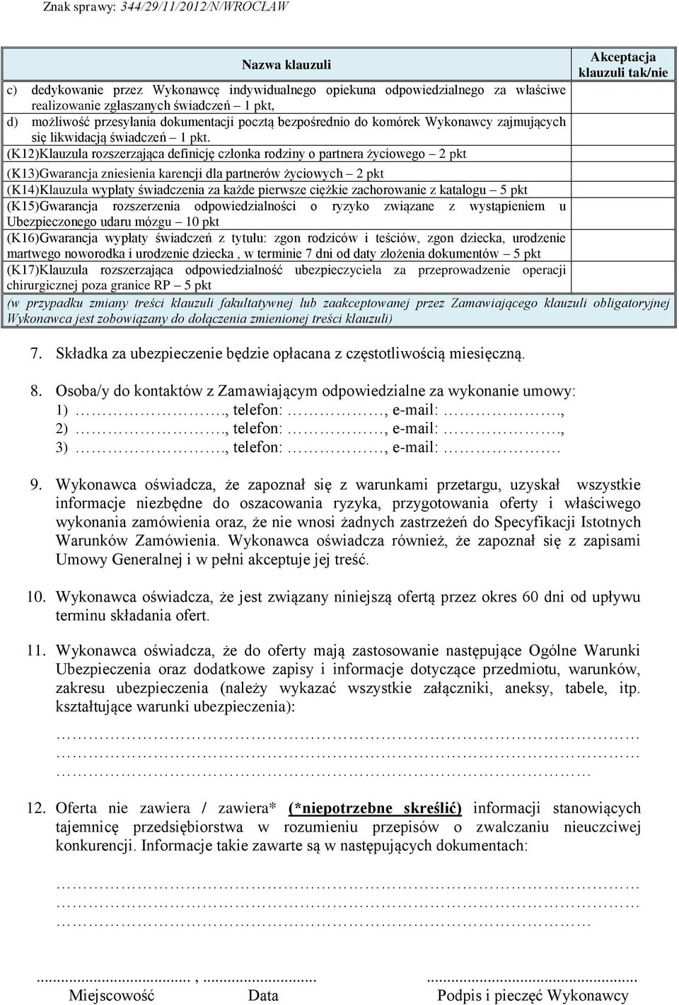 (K12)Klauzula rozszerzająca definicję członka rodziny o partnera życiowego 2 pkt Akceptacja klauzuli tak/nie (K13)Gwarancja zniesienia karencji dla partnerów życiowych 2 pkt (K14)Klauzula wypłaty