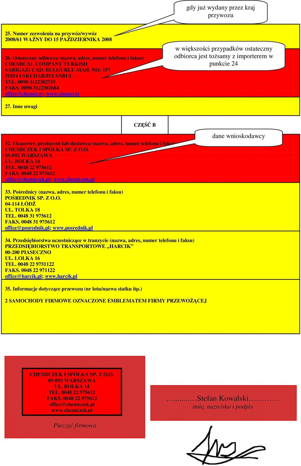 tr; www.chemct.tr w większości przypadków ostateczny odbiorca jest toŝsamy z importerem w punkcie 24 27. Inne uwagi CZĘŚĆ B 32.