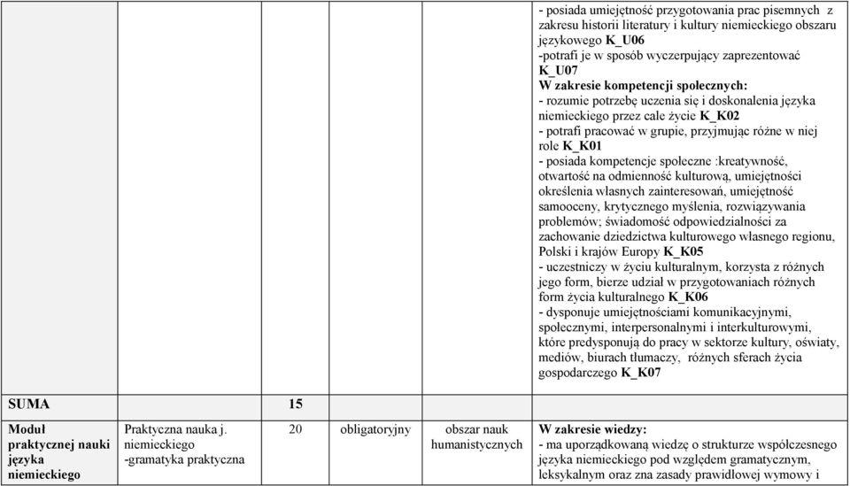 społeczne :kreatywność, otwartość na odmienność kulturową, umiejętności określenia własnych zainteresowań, umiejętność samooceny, krytycznego myślenia, rozwiązywania problemów; świadomość