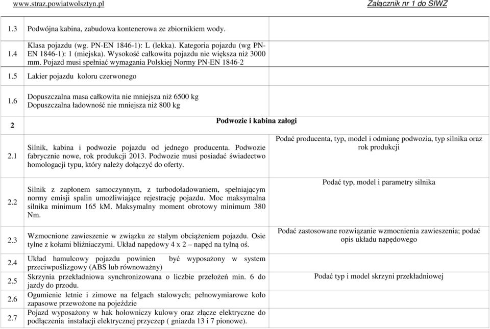 1 Dopuszczalna masa całkowita nie mniejsza niż 6500 kg Dopuszczalna ładowność nie mniejsza niż 800 kg Podwozie i kabina załogi Silnik, kabina i podwozie pojazdu od jednego producenta.