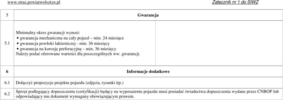 36 miesięcy Należy podać oferowane wartości dla poszczególnych ww. gwarancji. 6 Informacje dodatkowe 6.