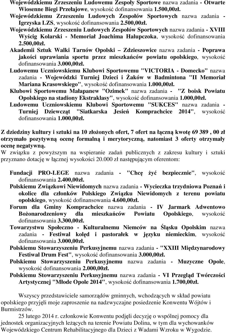 Wojewódzkiemu Zrzeszeniu Ludowych Zespołów Sportowych nazwa zadania - XVIII Wyścig Kolarski - Memoriał Joachima Halupczoka, wysokość dofinansowania 2.500,00zł.