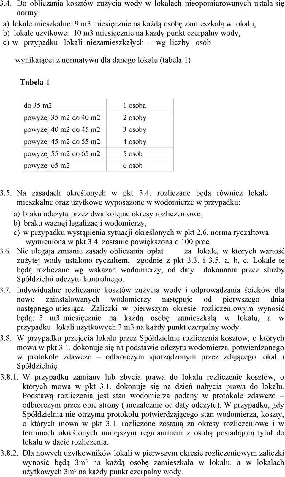 40 m2 do 45 m2 powyżej 45 m2 do 55 m2 powyżej 55 m2 do 65 m2 powyżej 65 m2 1 osoba 2 osoby 3 osoby 4 osoby 5 osób 6 osób 3.5. Na zasadach określonych w pkt 3.4. rozliczane będą również lokale