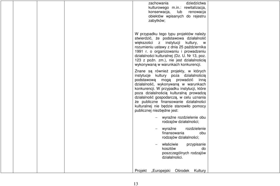 rozumieniu ustawy z dnia 25 października 1991 r. o organizowaniu i prowadzeniu działalności kulturalnej (Dz. U. Nr 13, poz. 123 z poźn. zm.), nie jest działalnością wykonywaną w warunkach konkurencji.