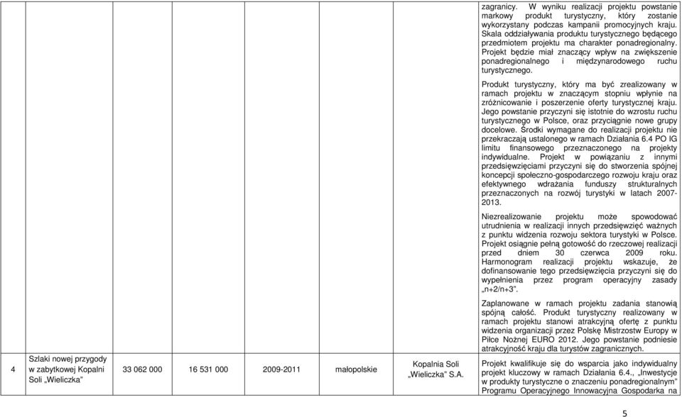 Jego powstanie przyczyni się istotnie do wzrostu ruchu turystycznego w Polsce, oraz przyciągnie nowe grupy docelowe. Środki wymagane do realizacji projektu nie przed dniem 30 czerwca 2009 roku.