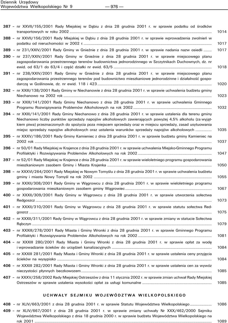 ... 1017 389 ñ nr 231/XXIV/2001 Rady Gminy w Gnieünie z dnia 28 grudnia 2001 r. w sprawie nadania nazw osiedli... 1017 390 ñ nr 237/XXIV/2001 Rady Gminy w Gnieünie z dnia 28 grudnia 2001 r.