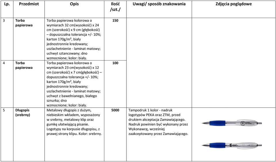 Torba papierowa kolorowa o wymiarach 23 cm(wysokość) x 12 cm (szerokość) x 7 cm(głębokość) dopuszczalna tolerancja +/- 10%; karton 170g/m², biały jednostronnie kredowany; uszlachetnienie - laminat