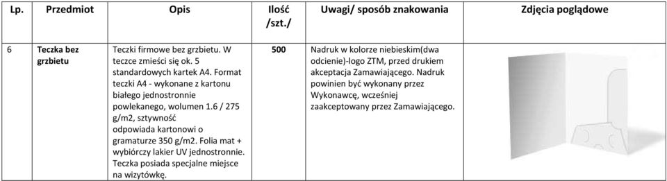 6 / 275 g/m2, sztywność odpowiada kartonowi o gramaturze 350 g/m2. Folia mat + wybiórczy lakier UV jednostronnie.