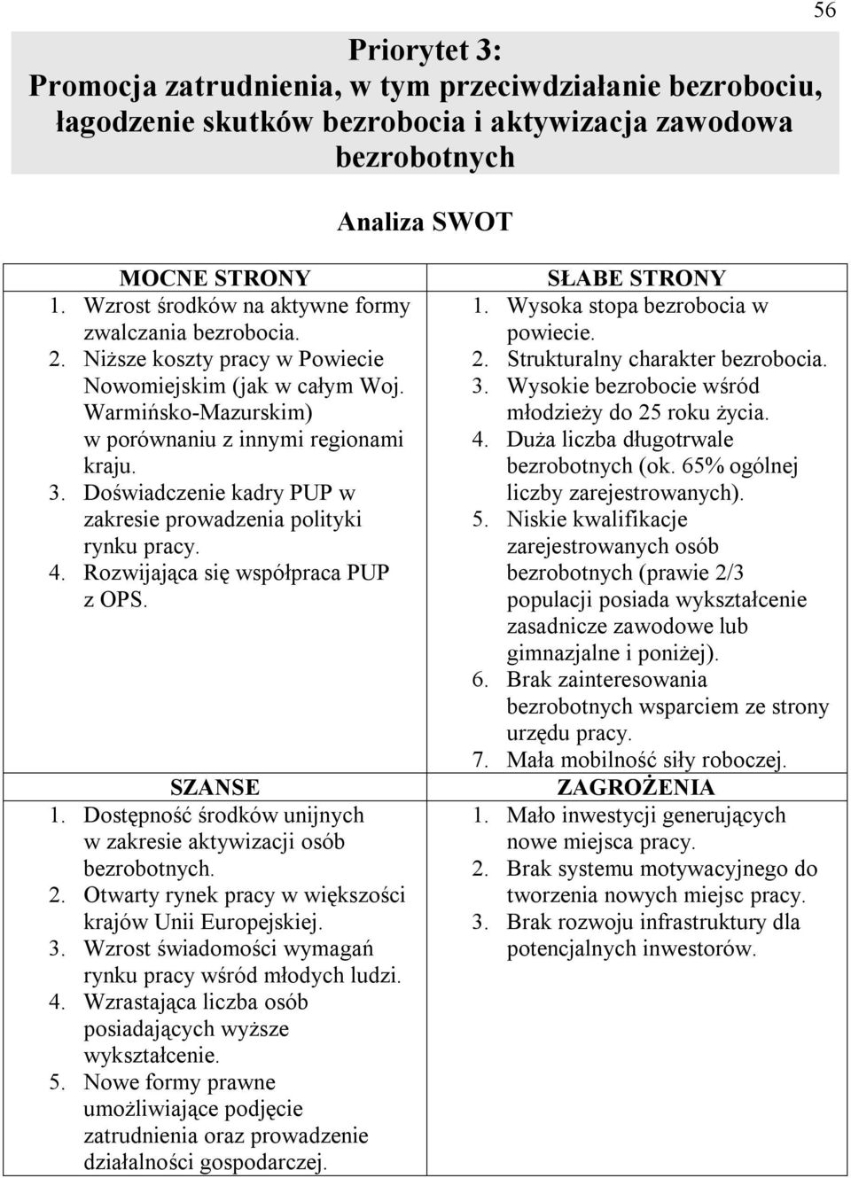 Doświadczenie kadry PUP w zakresie prowadzenia polityki rynku pracy. 4. Rozwijająca się współpraca PUP z OPS. SZANSE 1. Dostępność środków unijnych w zakresie aktywizacji osób bezrobotnych. 2.