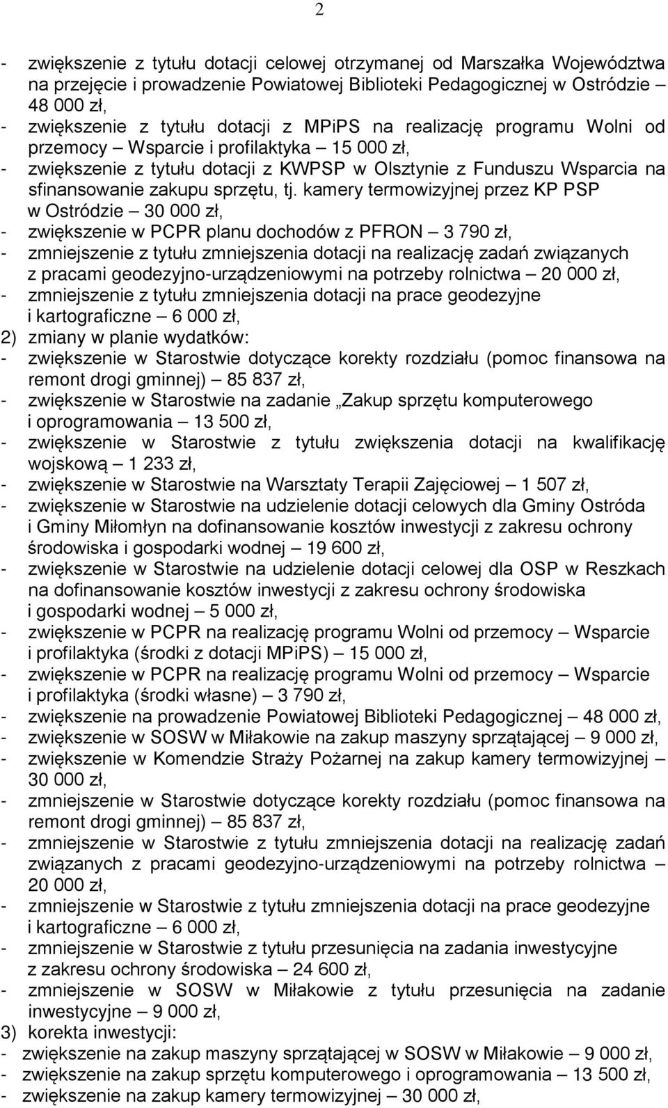 kamery termowizyjnej przez KP PSP w Ostródzie 30 000 zł, - zwiększenie w PCPR planu dochodów z PFRON 3 790 zł, - zmniejszenie z tytułu zmniejszenia dotacji na realizację zadań związanych z pracami