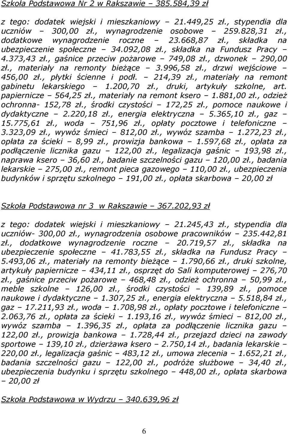 , materiały na remonty bieżące 3.996,58 zł., drzwi wejściowe 456,00 zł., płytki ścienne i podł. 214,39 zł., materiały na remont gabinetu lekarskiego 1.200,70 zł., druki, artykuły szkolne, art.