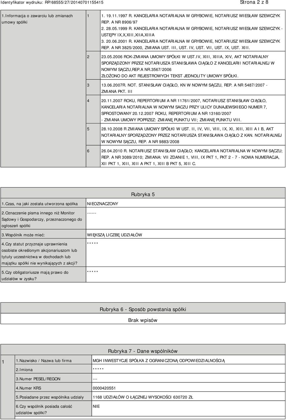 A NR 3825/2000, ZMIANA UST. III, UST. IV, UST. VII, UST. IX, UST. XIII. 2 23.05.2006 ROK-ZMIANA UMOWY SPÓŁKI W UST.