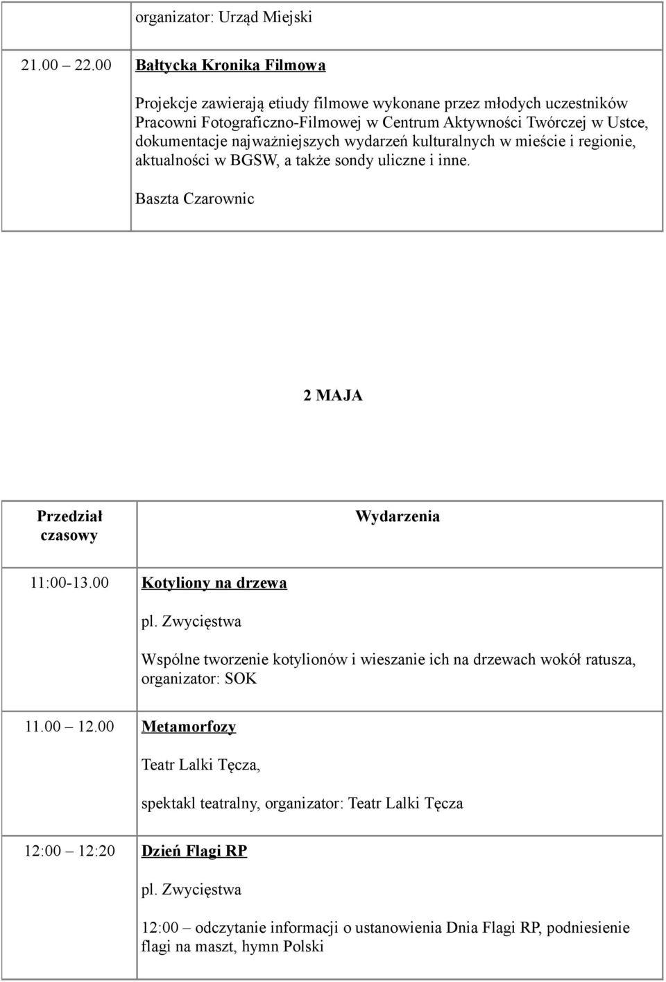 dokumentacje najważniejszych wydarzeń kulturalnych w mieście i regionie, aktualności w BGSW, a także sondy uliczne i inne.