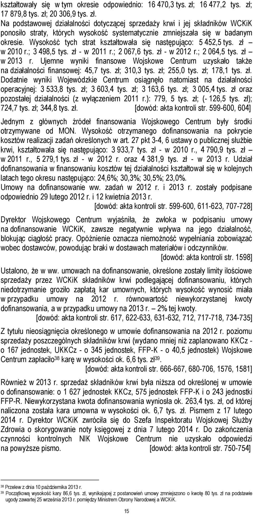 Wysokość tych strat kształtowała się następująco: 5 452,5 tys. zł w 2010 r.; 3 498,5 tys. zł - w 2011 r.; 2 067,6 tys. zł - w 2012 r.; 2 064,5 tys. zł w 2013 r.