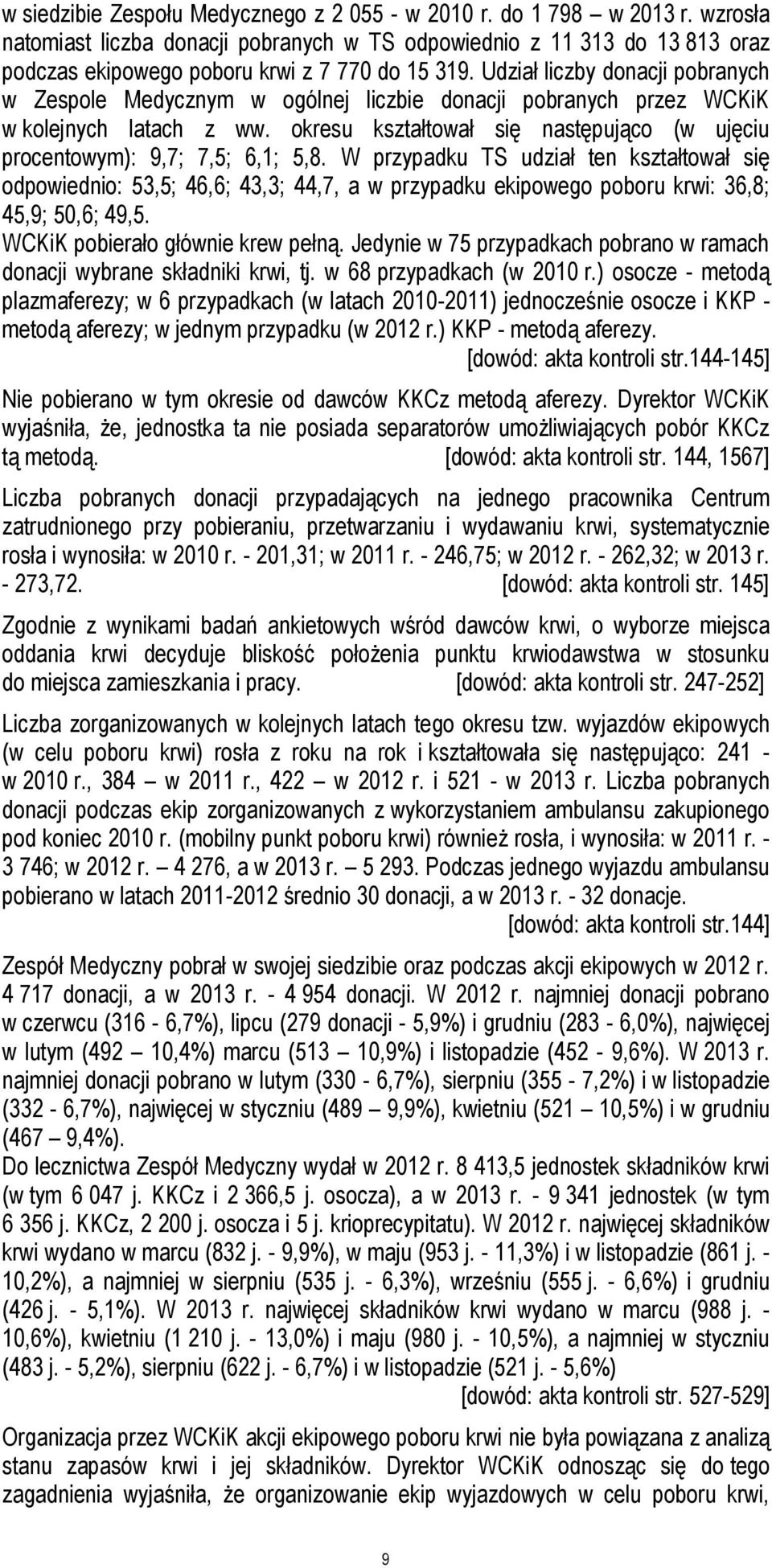 Udział liczby donacji pobranych w Zespole Medycznym w ogólnej liczbie donacji pobranych przez WCKiK w kolejnych latach z ww.