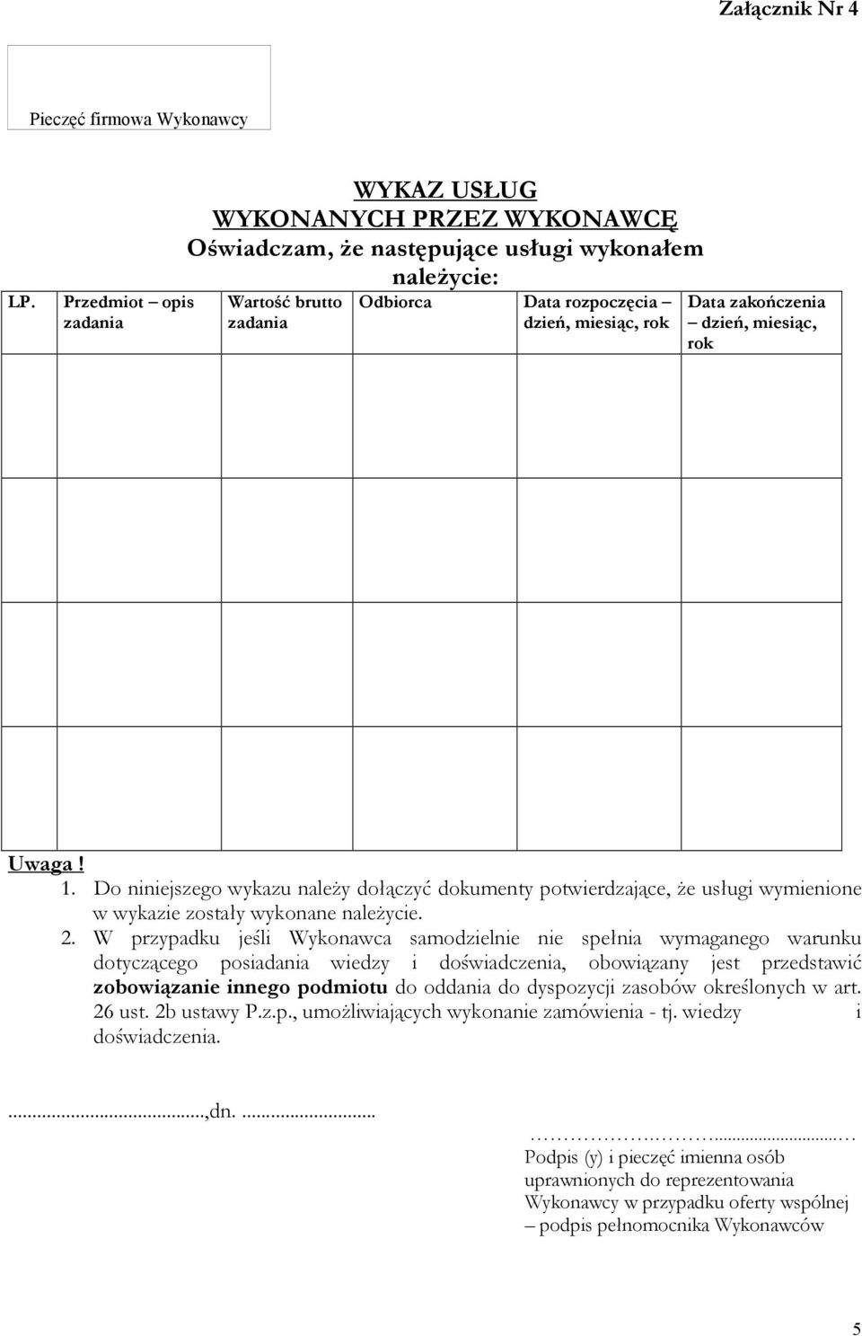 zakończenia dzień, miesiąc, rok Uwaga! 1. Do niniejszego wykazu należy dołączyć dokumenty potwierdzające, że usługi wymienione w wykazie zostały wykonane należycie. 2.