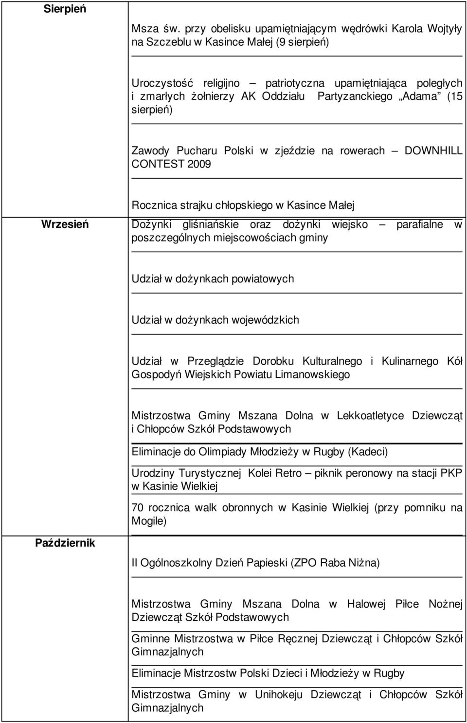 Partyzanckiego Adama (15 sierpień) Zawody Pucharu Polski w zjeździe na rowerach DOWNHILL CONTEST 2009 Rocznica strajku chłopskiego w Kasince Małej Wrzesień Dożynki gliśniańskie oraz dożynki wiejsko