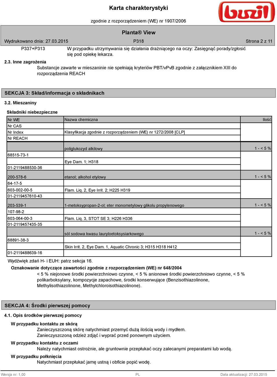 1; H318 Ilość 1 - < 5 % 200-578-6 etanol; alkohol etylowy 1 - < 5 % 64-17-5 603-002-00-5 01-2119457610-43 Flam. Liq. 2, Eye Irrit.