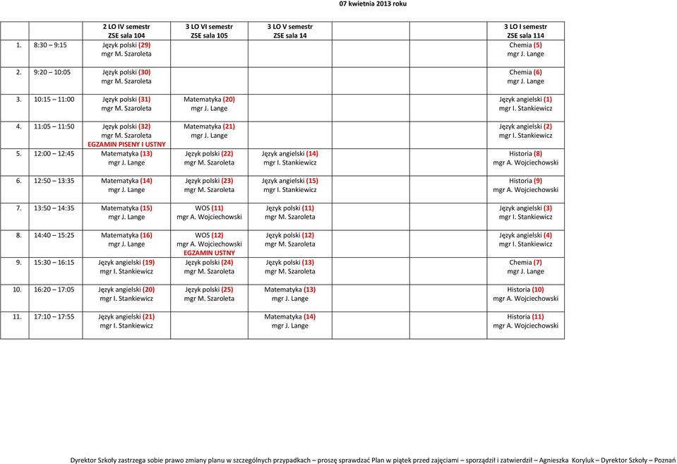 12:00 12:45 Matematyka (13) Matematyka (21) Język polski (22) Język angielski (14) Język angielski (2) Historia (8) 6.