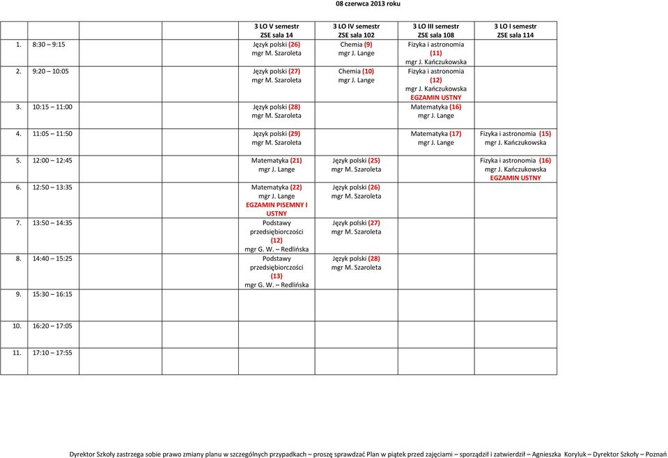 11:05 11:50 Język polski (29) Matematyka (17) (15) 5. 12:00 12:45 Matematyka (21) 6. 12:50 13:35 Matematyka (22) 7.