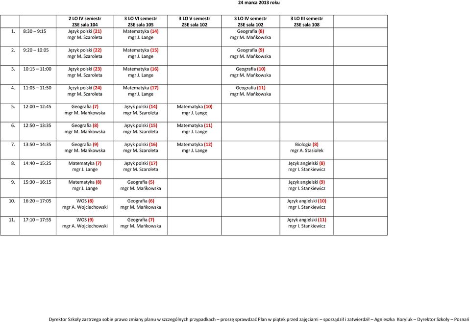 12:00 12:45 Geografia (7) Język polski (14) Matematyka (10) 6. 12:50 13:35 Geografia (8) Język polski (15) Matematyka (11) 7.