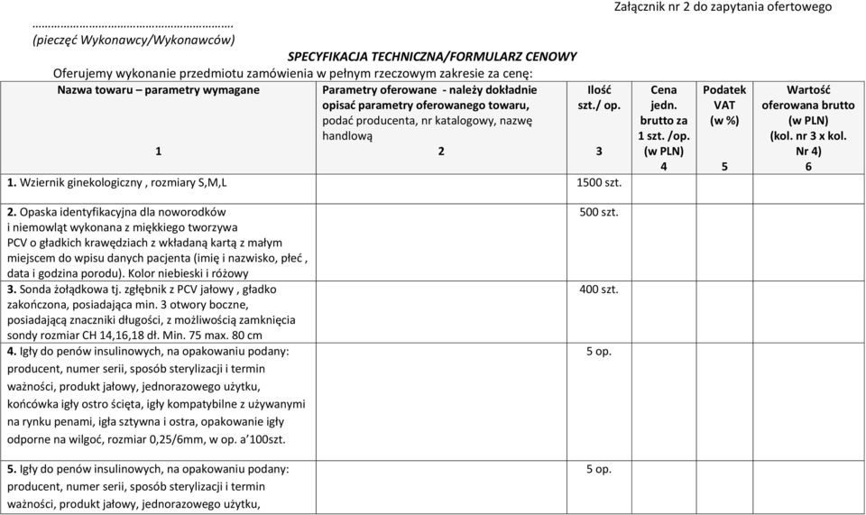 Załącznik nr 2 do zapytania ofertowego Cena jedn. brutto za 1 szt. /op. (w PLN) 4 Podatek VAT (w %) 5 Wartość oferowana brutto (w PLN) (kol. nr 3 x kol. Nr 4) 6 2.