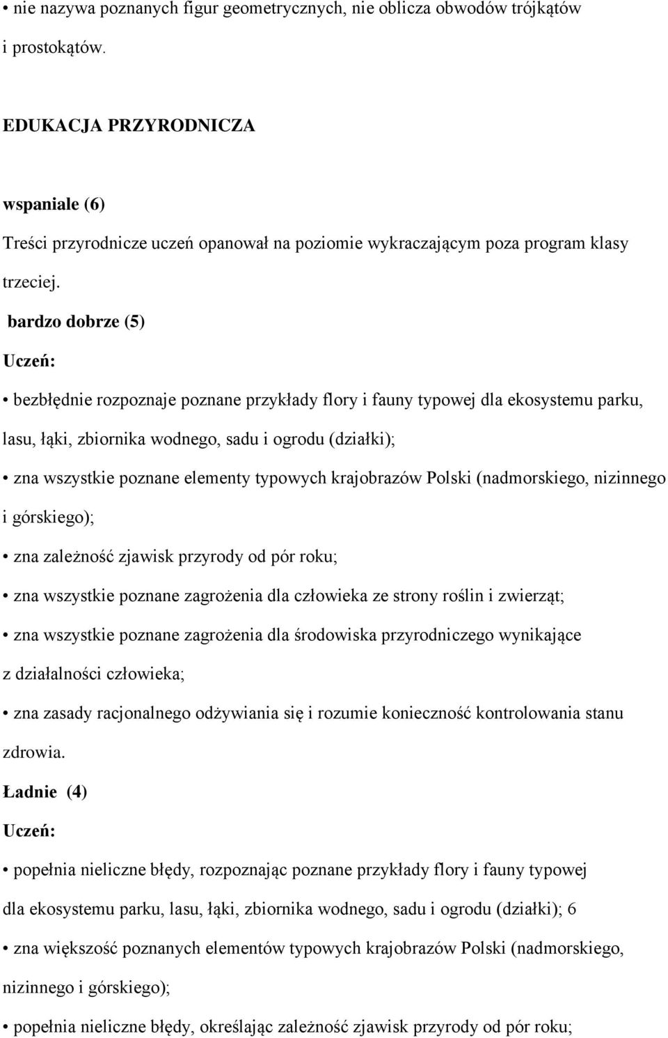 bardzo dobrze (5) bezbłędnie rozpoznaje poznane przykłady flory i fauny typowej dla ekosystemu parku, lasu, łąki, zbiornika wodnego, sadu i ogrodu (działki); zna wszystkie poznane elementy typowych