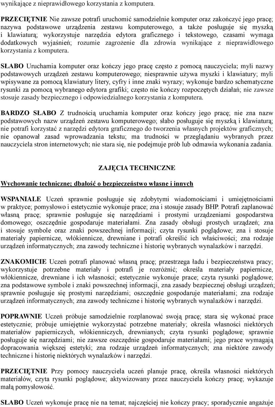 narzędzia edytora graficznego i tekstowego, czasami wymaga dodatkowych wyjaśnień; rozumie zagrożenie dla zdrowia  SŁABO Uruchamia komputer oraz kończy jego pracę często z pomocą nauczyciela; myli