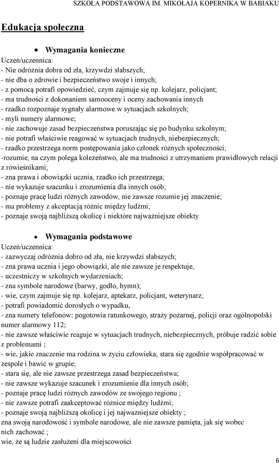 bezpieczeństwa poruszając się po budynku szkolnym; - nie potrafi właściwie reagować w sytuacjach trudnych, niebezpiecznych; - rzadko przestrzega norm postępowania jako członek różnych społeczności;